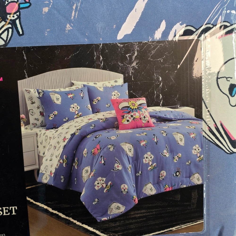 Ed Hardy Queen 8-Piece Reversible Bedding Set Purple Tattoo Skull Tiger New
